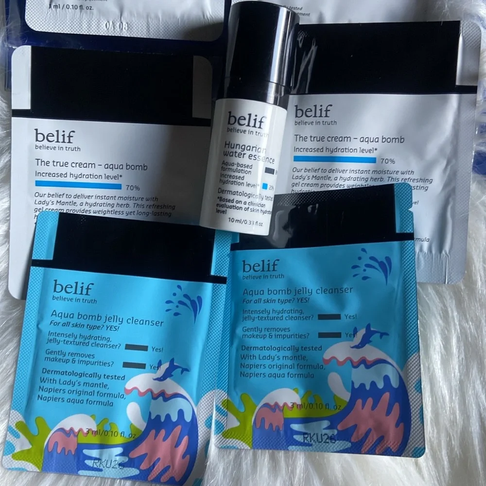 Belif Skincare Sample Travel Bundle; Aqua Bomb Cleanser True Cream & More